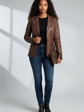Danier Brown Leather Blazer Jacket Pockets